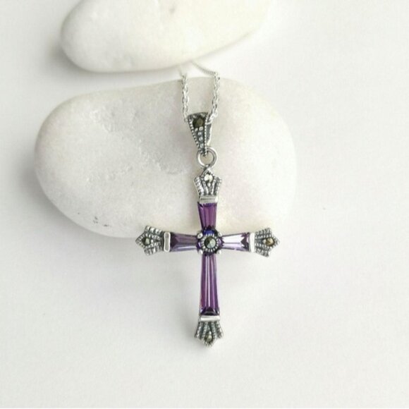 Amethyst Marcasite cross pendant necklace In Sterling Silver - Picture 1 of 7